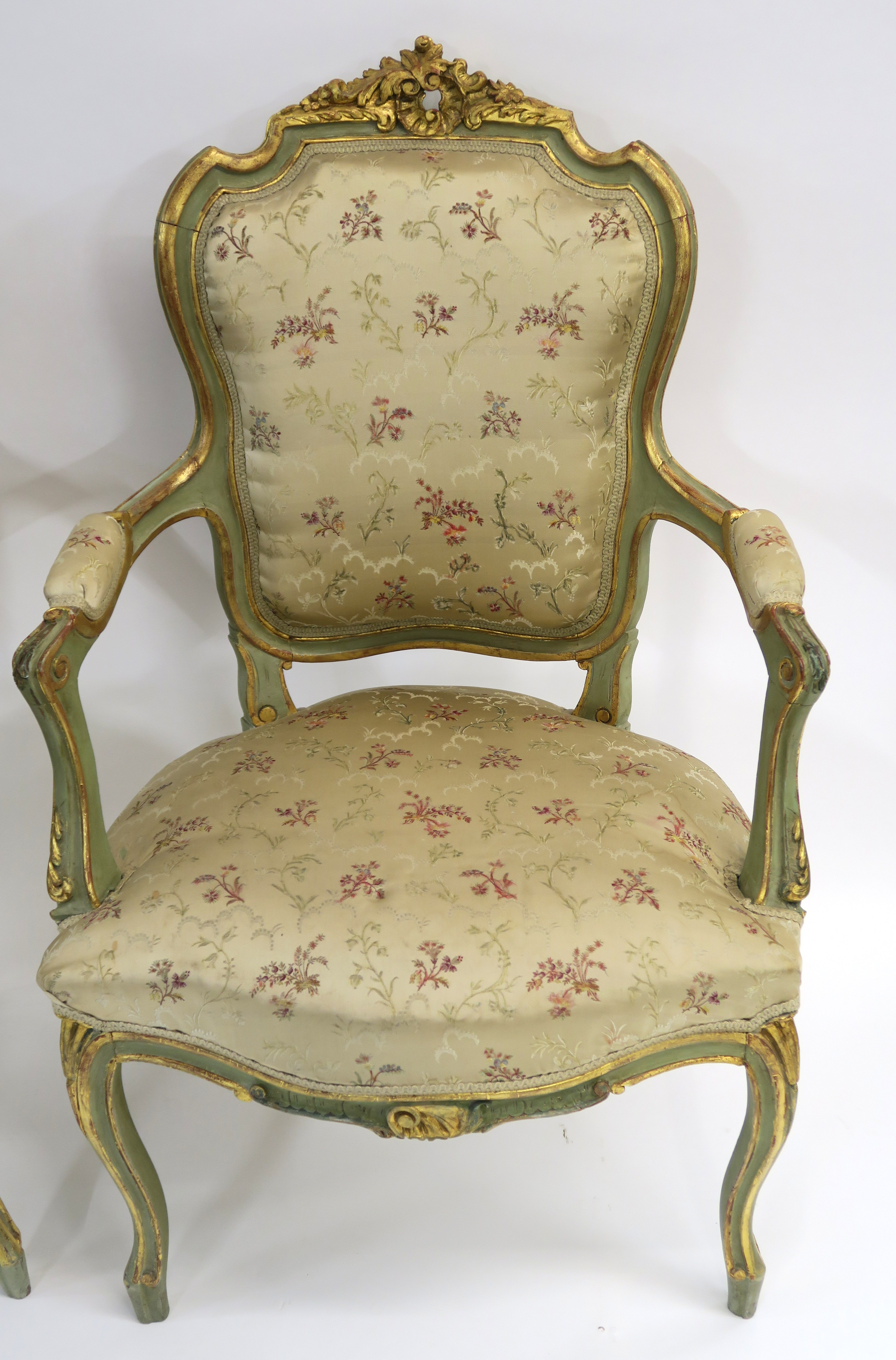 A PAIR OF LOUIS XV STYLE GILTWOOD AND PAINTED FAUTEUIL with carved foliate cresting and padded - Image 3 of 10