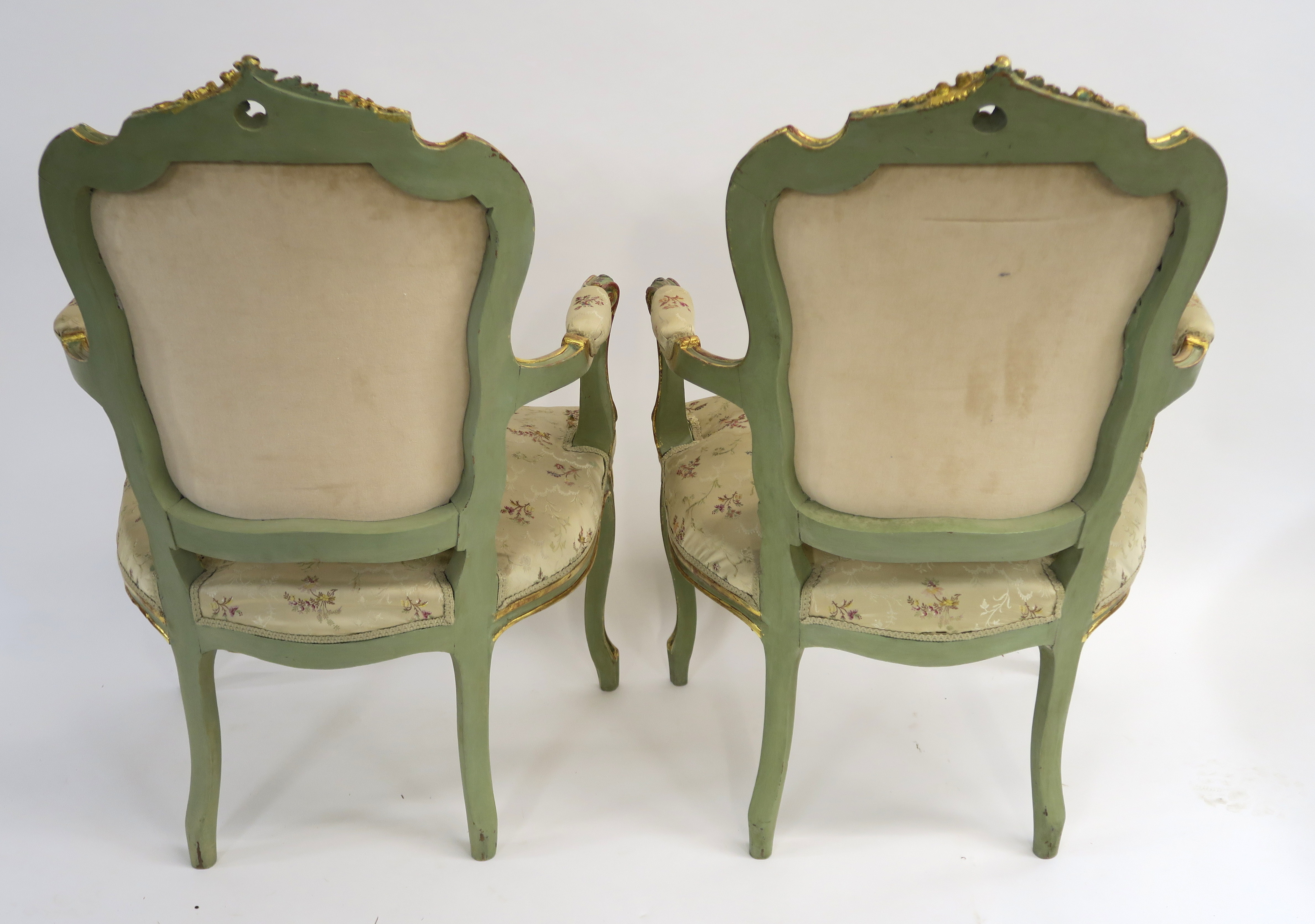 A PAIR OF LOUIS XV STYLE GILTWOOD AND PAINTED FAUTEUIL with carved foliate cresting and padded - Image 9 of 10