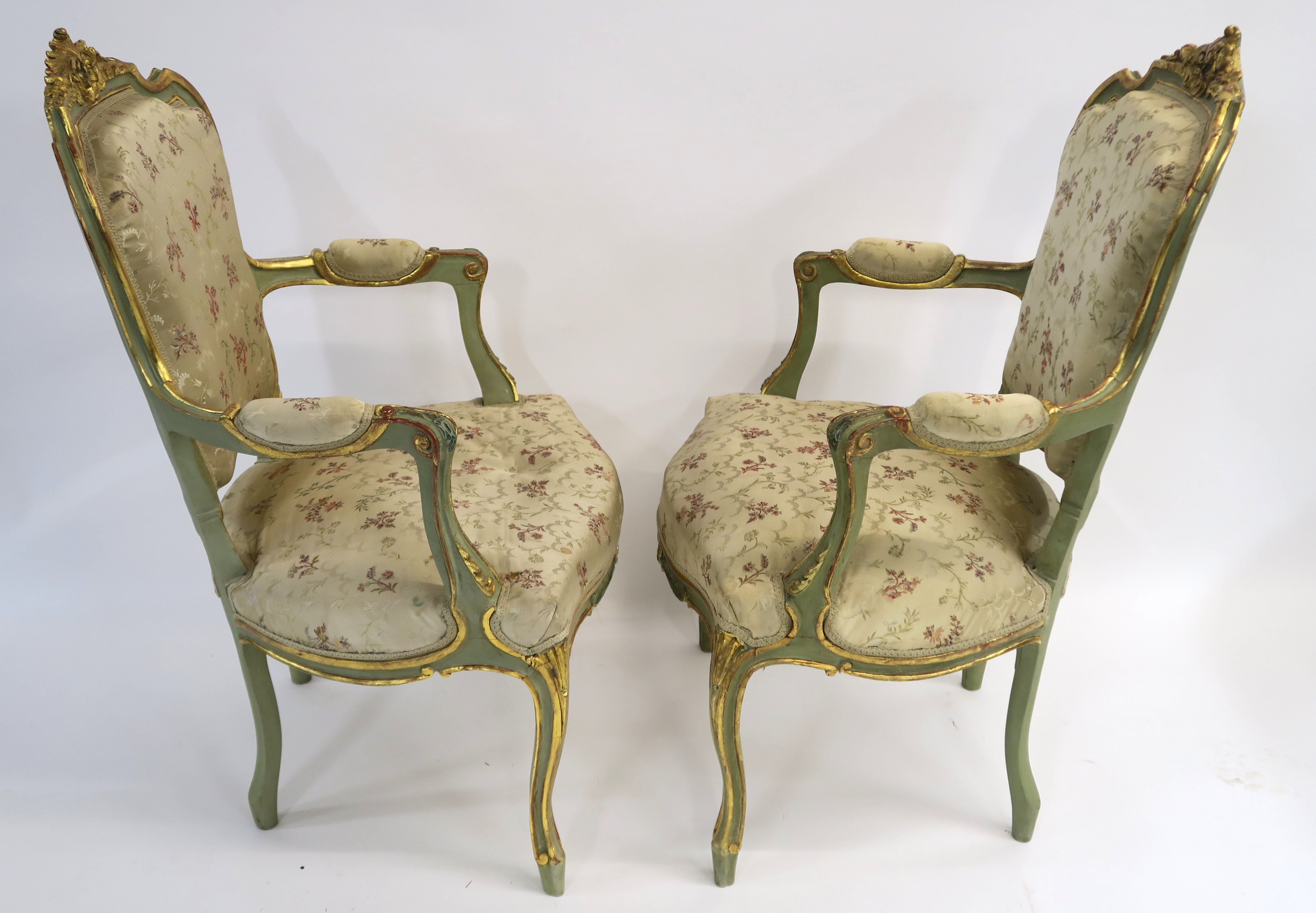 A PAIR OF LOUIS XV STYLE GILTWOOD AND PAINTED FAUTEUIL with carved foliate cresting and padded - Image 7 of 10