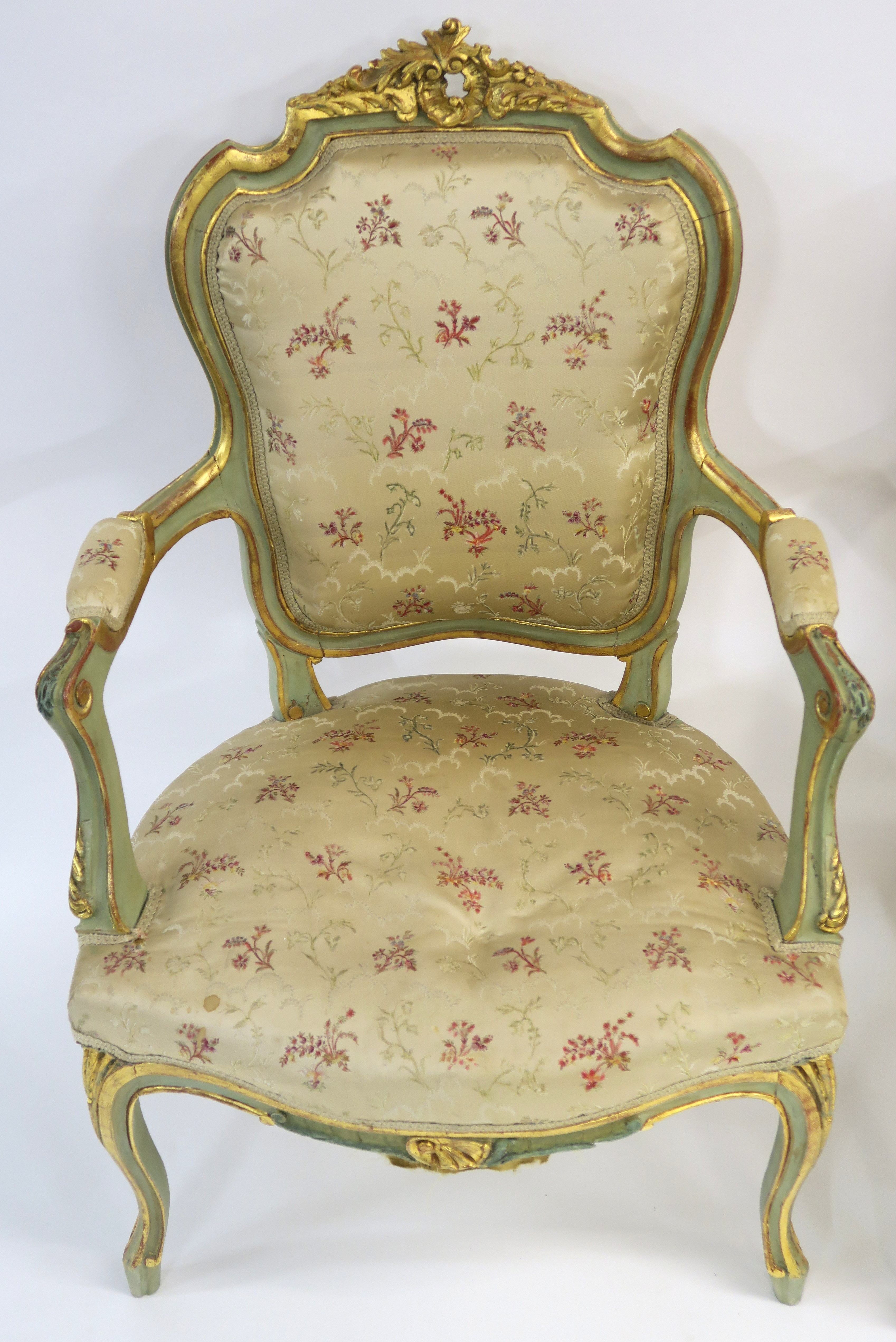 A PAIR OF LOUIS XV STYLE GILTWOOD AND PAINTED FAUTEUIL with carved foliate cresting and padded - Image 2 of 10
