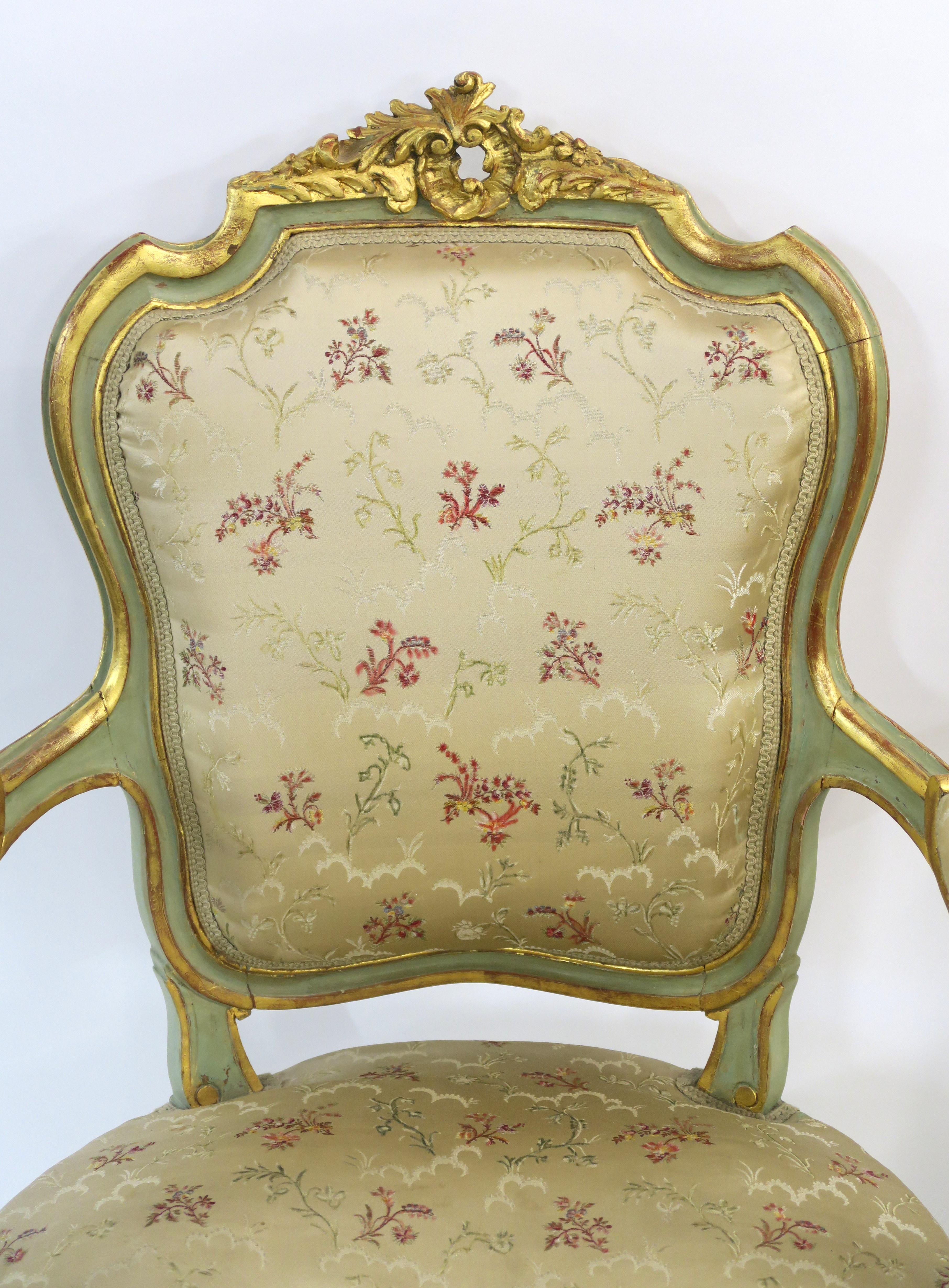 A PAIR OF LOUIS XV STYLE GILTWOOD AND PAINTED FAUTEUIL with carved foliate cresting and padded - Image 4 of 10