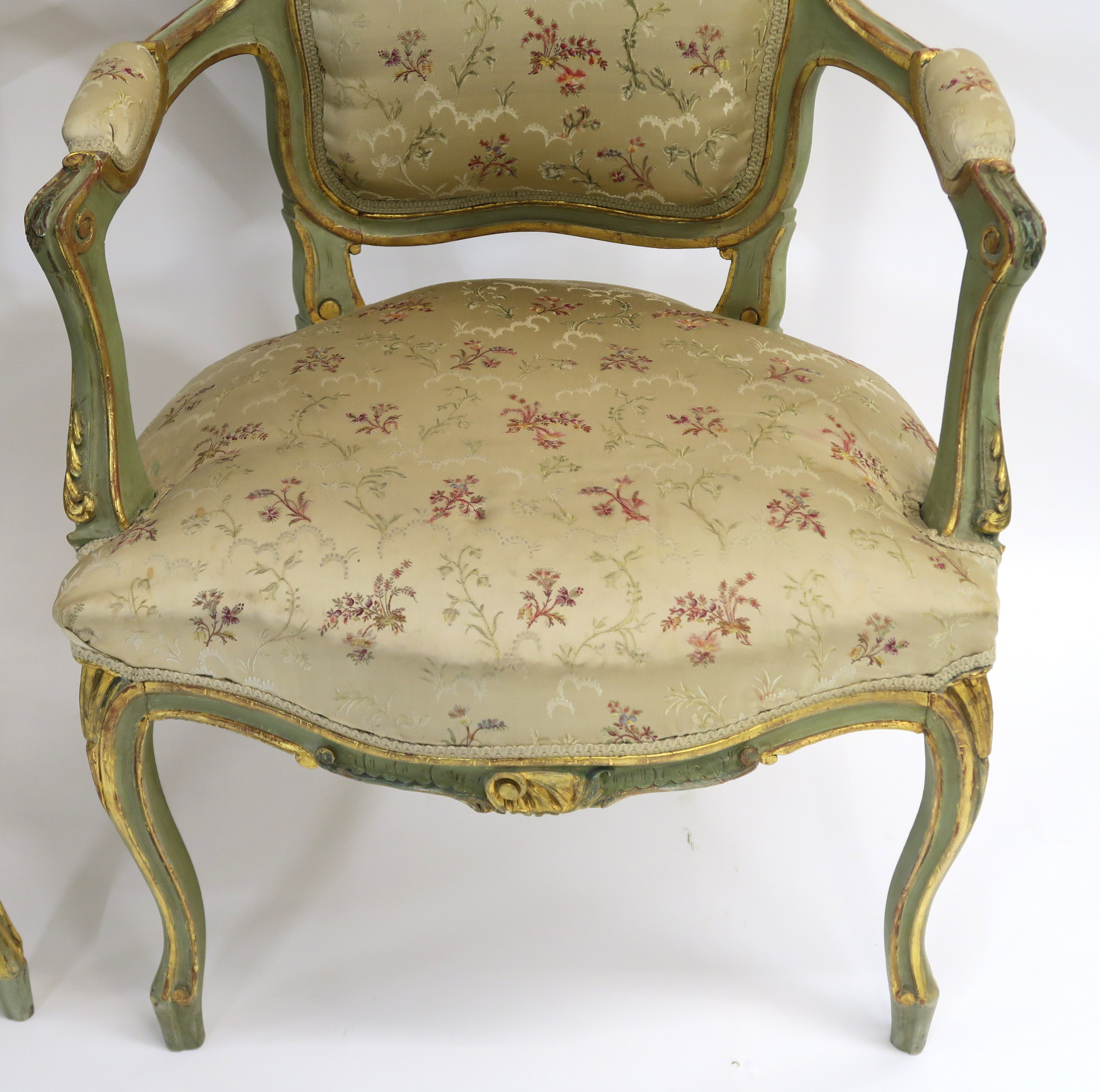 A PAIR OF LOUIS XV STYLE GILTWOOD AND PAINTED FAUTEUIL with carved foliate cresting and padded - Image 6 of 10