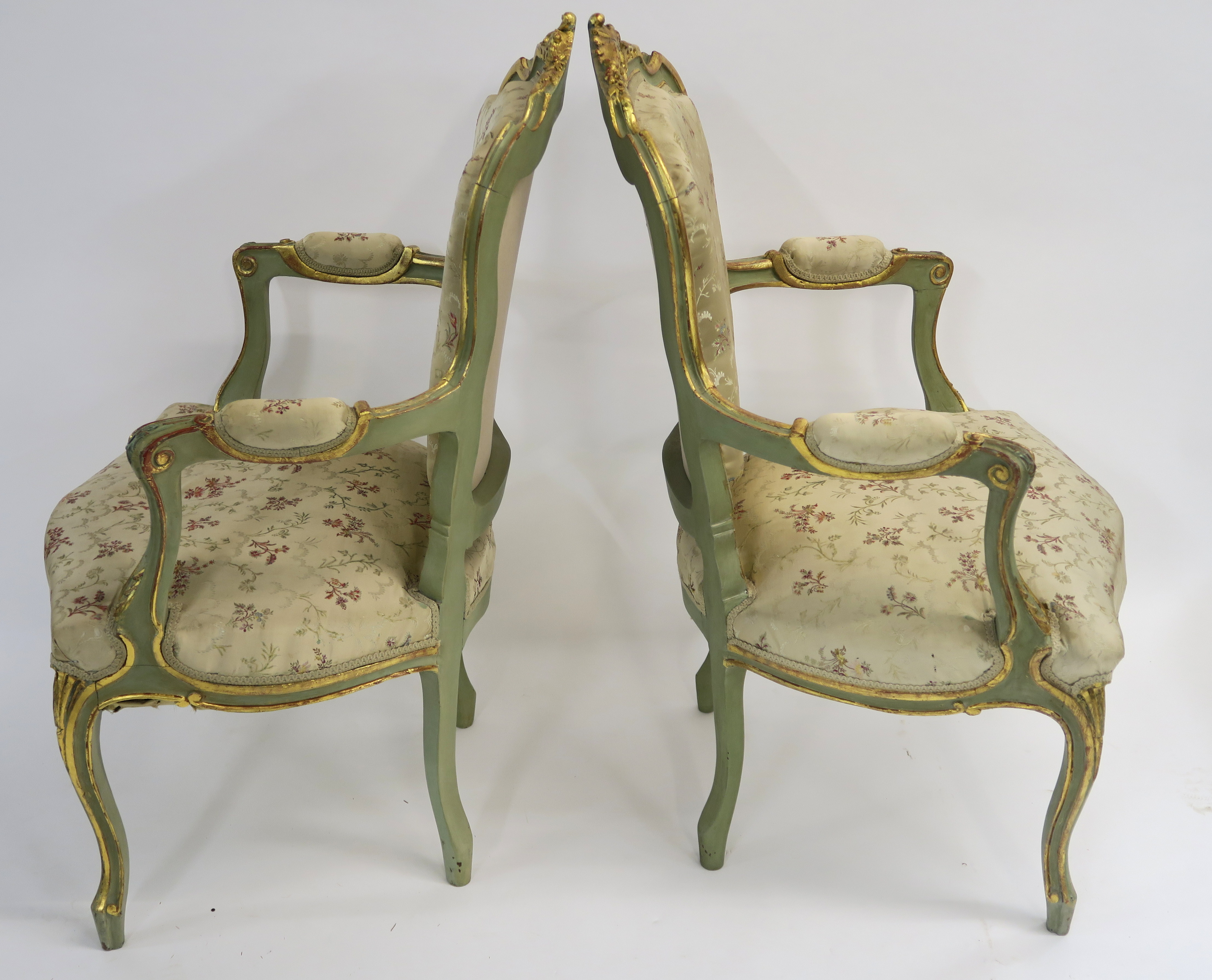 A PAIR OF LOUIS XV STYLE GILTWOOD AND PAINTED FAUTEUIL with carved foliate cresting and padded - Image 8 of 10