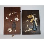 TWO SHIBAYAMA STYLE PANELS each carved and applied with archaic style vases, birds, fruit, insects