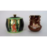 AN ART DECO CROWN DEVON FIELDING'S ORIENT PATTERN POT AND COVER with geometric and flower decoration