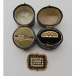 THREE VICTORIAN PEARL SET ITEMS A 15ct gold six pearl ring, made by Oetzmann & Co, Hampstead,