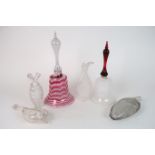 A COLLECTION OF NAILSEA GLASS including a pink and white bell with pulled decoration, 35cm high, a