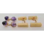 TWO PAIRS OF VINTAGE CUFFLINKS a pair of bright yellow metal amethyst dome cufflinks, diameter of