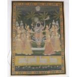 AN INDIAN PAINTED PANEL with dancing god surrounded by fourteen women dancing above four cattle