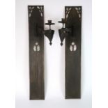 A PAIR OF BRASS AND MOTHER OF PEARL WALL SCONCES each of rectangular shape with stylised