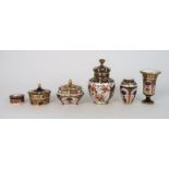 A COLLECTION OF ROYAL CROWN DERBY PIECES including a squared trinket box and cover, a circular pot