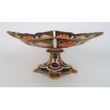 A ROYAL CROWN DERBY TAZZA of pointed oval form with pierced ends, date cypher for 1913, 11cm high