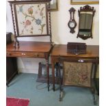 Two fire screens with wool work insets, oak barometer, tray, shelves, carved frame and a wall mirror