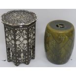 A Chinese ceramic stool and an octagonal inlaid side table 54cm high (2) Condition Report: