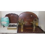 Three trays, two brass lidded jugs, Ceramic brandy barrel and wooden printers blocks (7) Condition