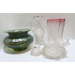 An iridescent green glass bowl, a Webb clear and pink rimmed glass vase, a jug and two other glass