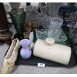 A lot comprising a quantity of cut glass and crystal vases, pitchers, bowls, amber coloured glasses,