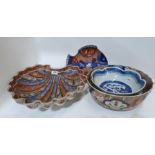 A large Herend shell shaped dish with imari decoration, together with an imari dish, a fish shaped