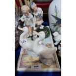 A lot comprising a pair of Nao figures of geese, a pair of continental porcelain figures of children