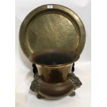 A large brass tray and a planter with animal mask and paw feet Condition Report: Available upon