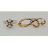 A 9ct gold pearl flower ring size N, together with a 9ct pearl brooch weight combined 6gms Condition