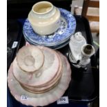 A lot comprising pink bordered Belleek Neptune Shell design cups, saucers and plate, a Limoges