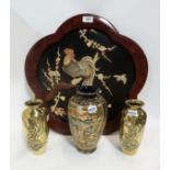 A bone inlaid plaque depicting a cockerel, a pair of dragon decorated brass vases and a Satsuma vase