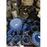 A lot comprising a Boulton green glazed coffee service, blue glazed studio pottery cups and