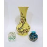 A facet cut millefiori glass paperweight, a Mdina glass vase and a Japanese style vase painted