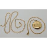 A 9ct gold round back and front locket and chain, diameter 2.4cm, chain 42cm, together with a curb