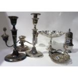 A tray lot of EP - candlesticks, comport etc. Condition Report: Available upon request