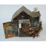 A gilt-metal clockwork horse and carriage model with barn, 16cm high Condition Report: Available