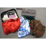 A lot comprising assorted ladies evening bags & clutches, a floral silk scarf, another by Jacques