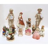 A pair of continental figures, three Royal Doulton figures, Hummel figures and two other figures