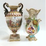 A large Naples vase moulded and painted with figures, together with a continental flower painted and