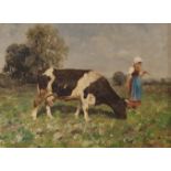 ANTONIO MATTEO MONTEMEZZO Farm girl and cow, signed, oil on panel, 15 x 20cm Condition Report: