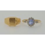 A 9ct gold pale blue gemstone and diamond ring size N, together with a yellow metal signet ring size