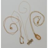 A 14k gold chain weight 1.1gms, with a 10k gold diamond pendant, cameo pendant and chain and