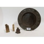 A Chinese bronze dish, a Buddha and two soapstone seals Condition Report: Available upon request