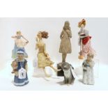 Assorted figures including Royal Doulton Croquet, two Royal Copenhagen girls and a cat, a Crown