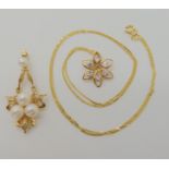 A 14k gold pearl pendant, a 14k cz flower pendant with a 9ct chain, weight 14k 3.8gms, 9ct 0.7gms