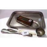 A lot comprising a silver tray, Chester, a silver dish, silver-handle glove stretcher etc