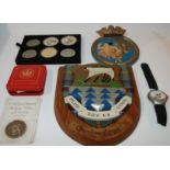 A miscellaneous lot including circular tray, wall plaque, coins etc Condition Report: Available upon