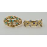 A 9ct gold dome ring set with turquoise (one missing) size P1/2, and a 9ct three strand ring set