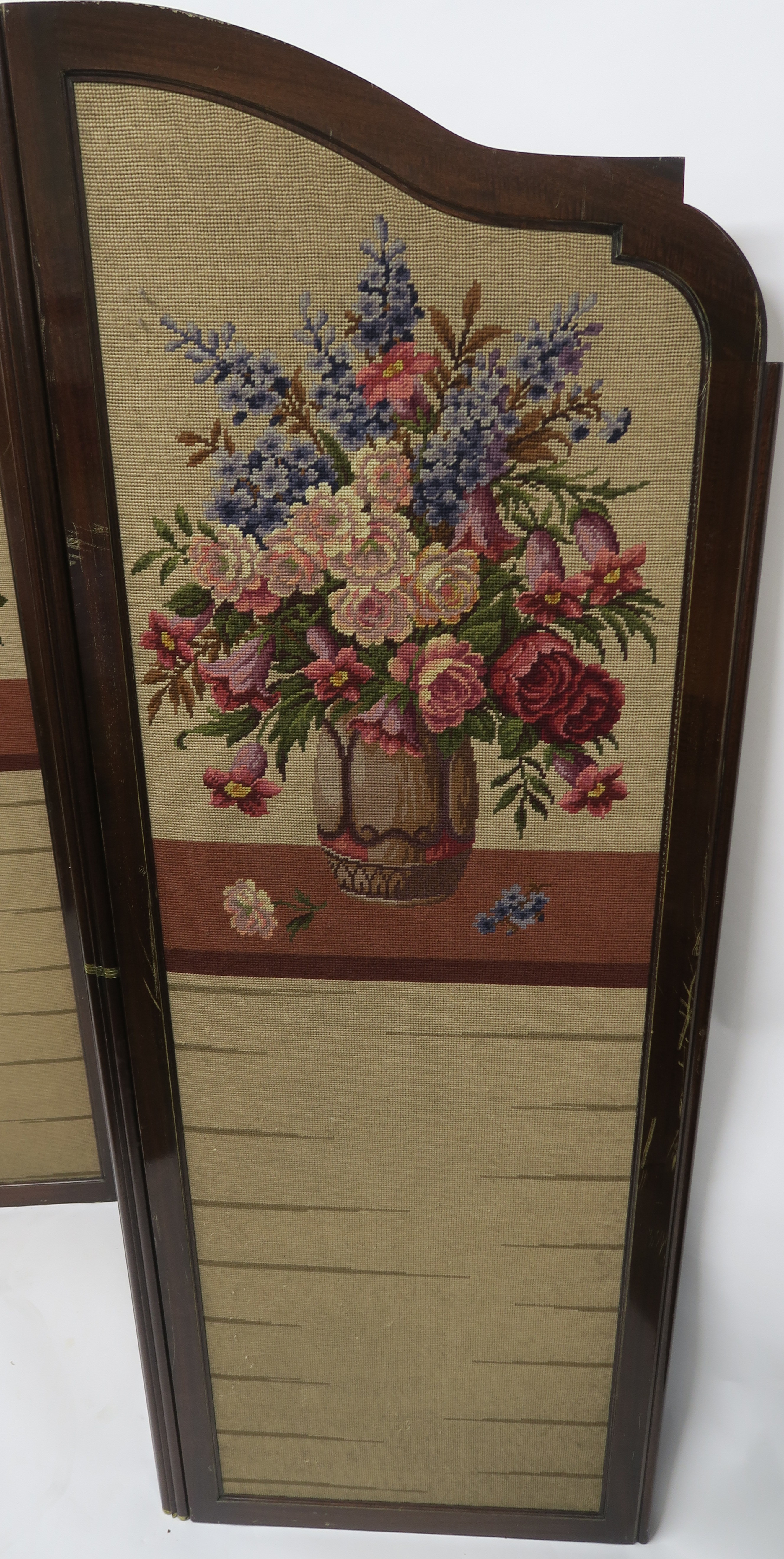 A 20TH CENTURY MAHOGANY FOUR FOLD SCREEN, with wool work panels of flowers in vases, each panel - Image 8 of 12