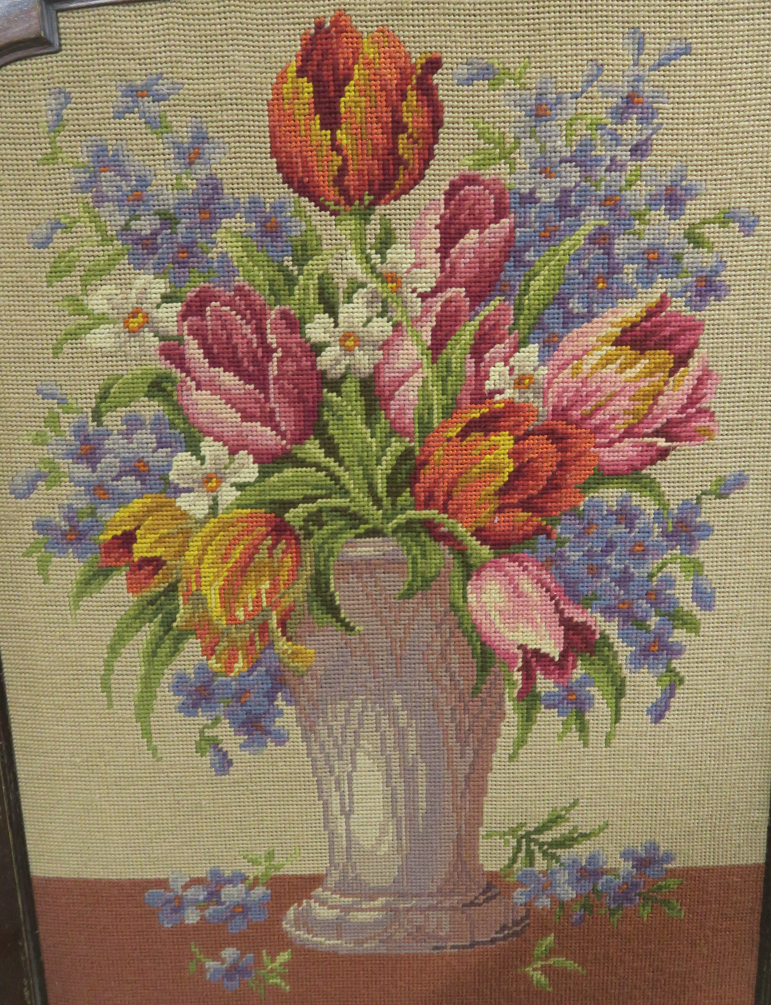 A 20TH CENTURY MAHOGANY FOUR FOLD SCREEN, with wool work panels of flowers in vases, each panel - Image 3 of 12