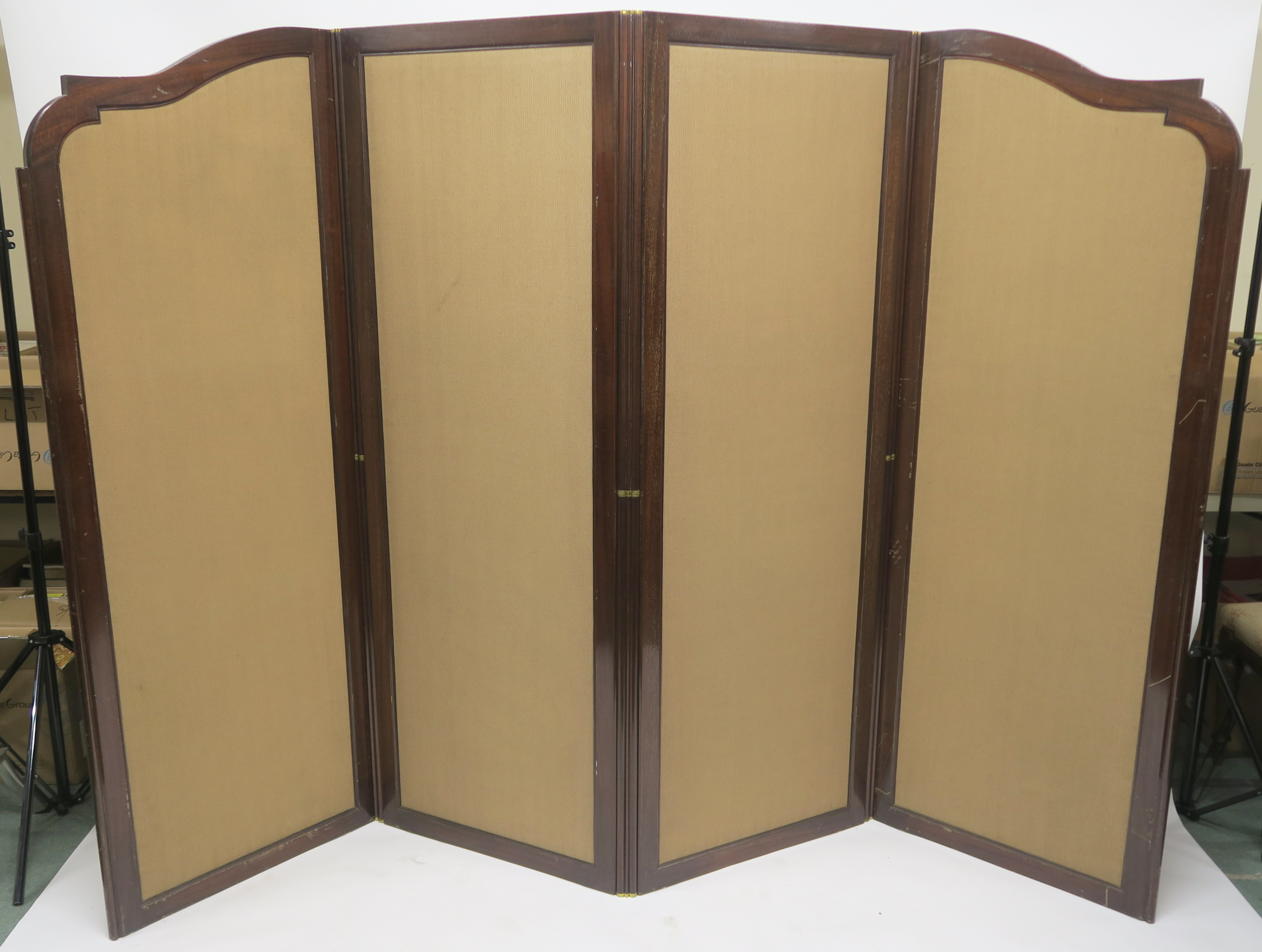 A 20TH CENTURY MAHOGANY FOUR FOLD SCREEN, with wool work panels of flowers in vases, each panel - Image 12 of 12