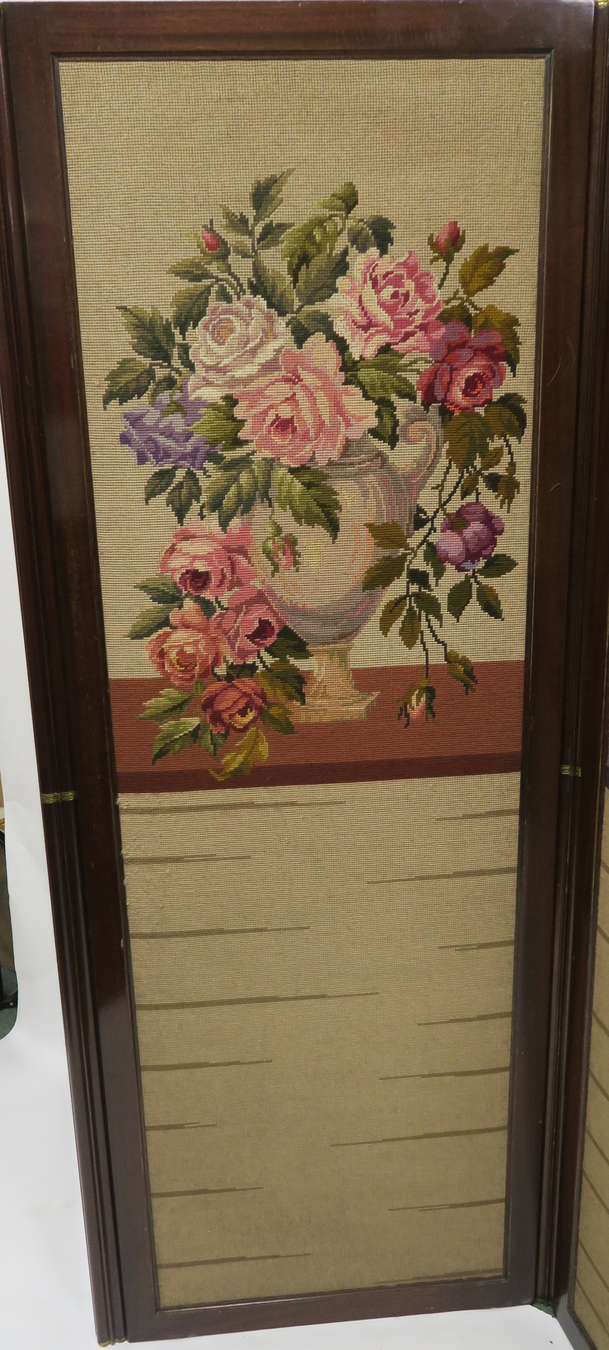 A 20TH CENTURY MAHOGANY FOUR FOLD SCREEN, with wool work panels of flowers in vases, each panel - Image 4 of 12