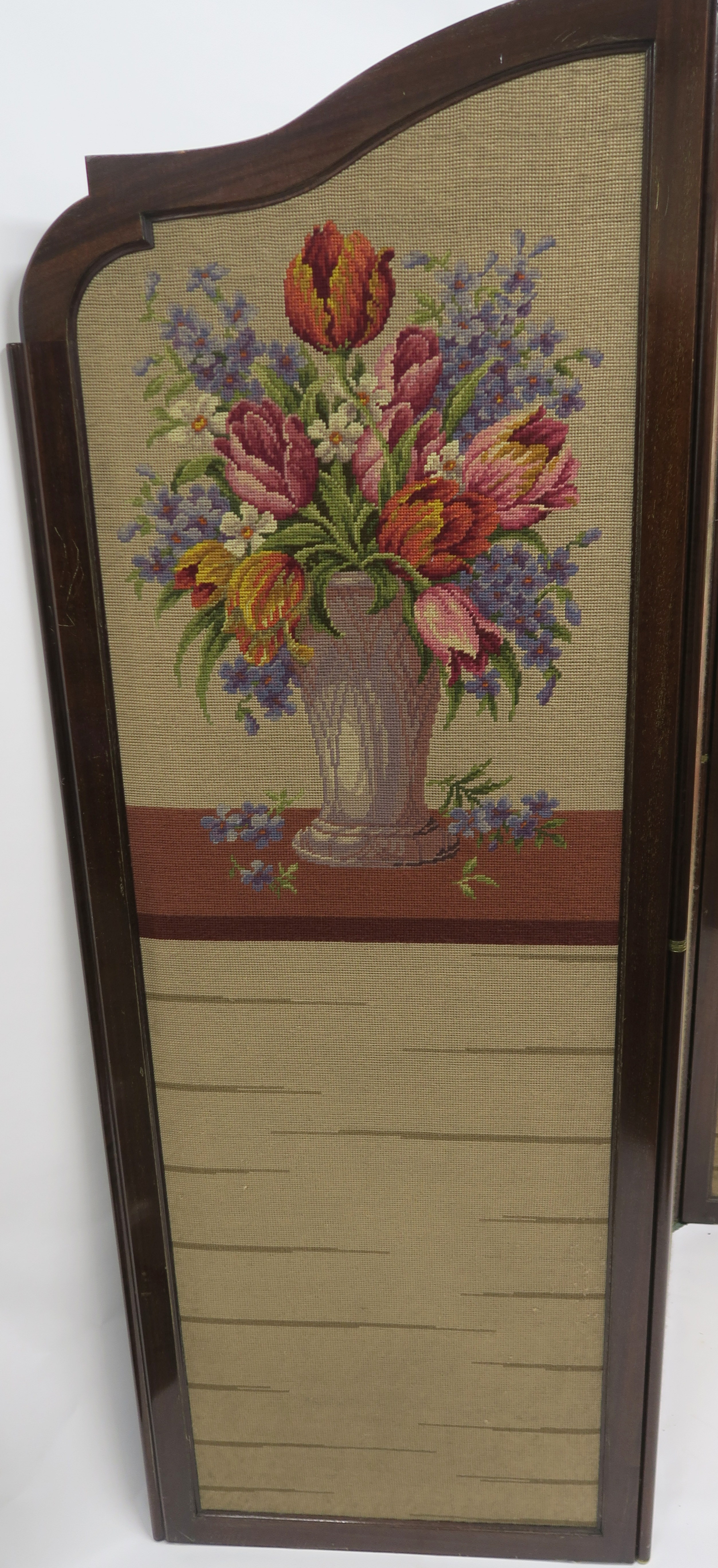 A 20TH CENTURY MAHOGANY FOUR FOLD SCREEN, with wool work panels of flowers in vases, each panel - Image 2 of 12