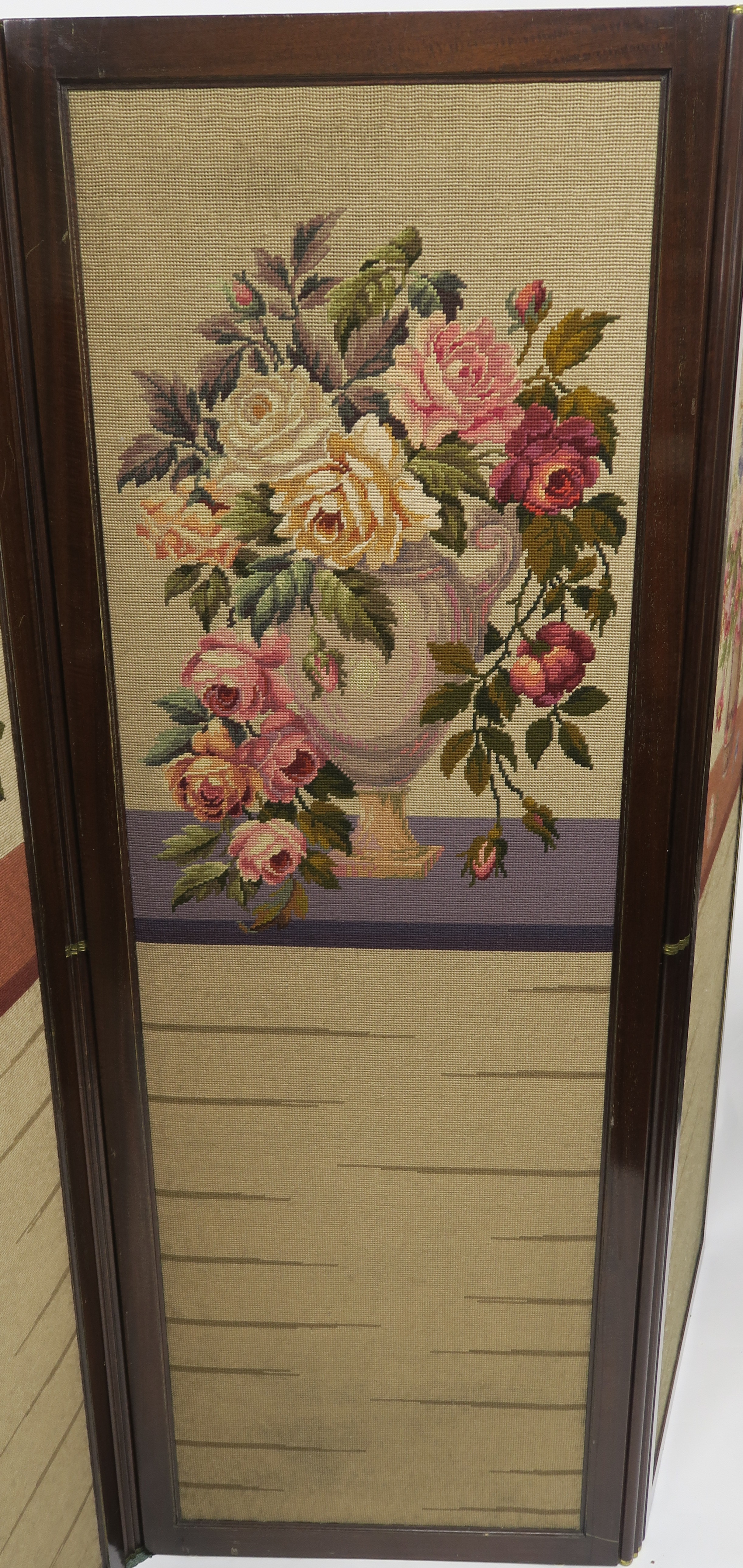 A 20TH CENTURY MAHOGANY FOUR FOLD SCREEN, with wool work panels of flowers in vases, each panel - Image 6 of 12